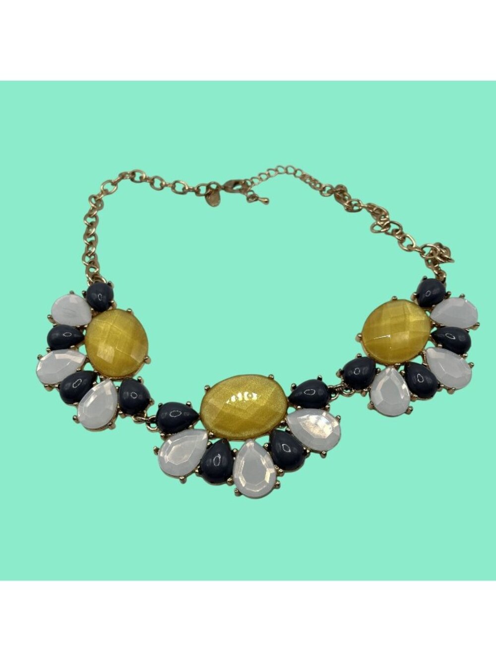 Charming Charlie Statement Necklace Yellow & White Oval Beads Floral Design Gold